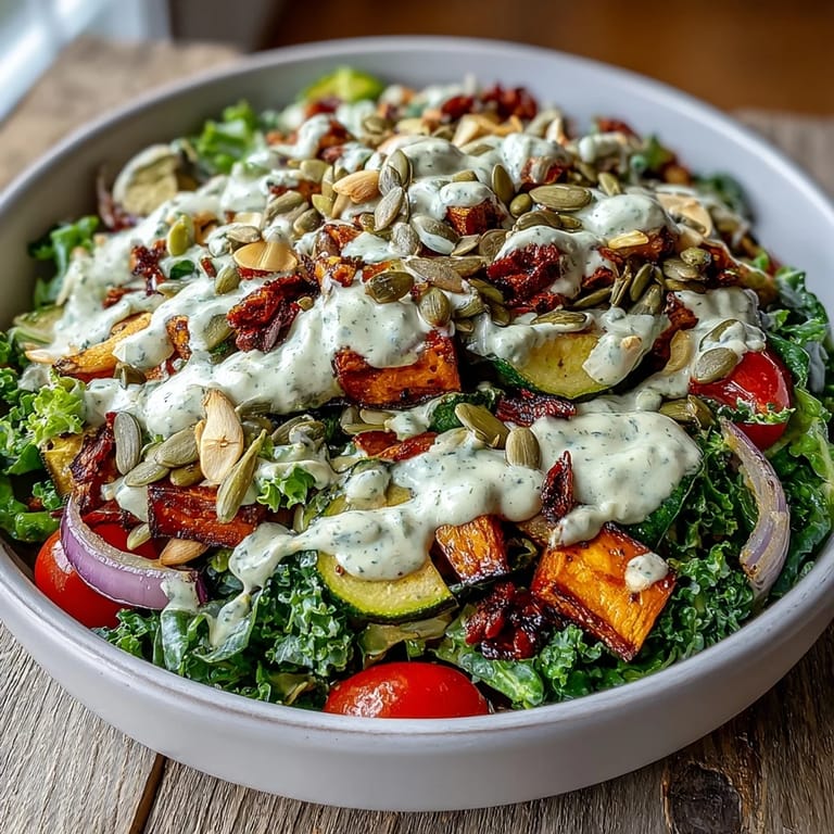 Healthy Kale Salad Bowl plated with zucchini, red onion, and sunflower seeds, drizzled with smooth, zesty tahini dressing.