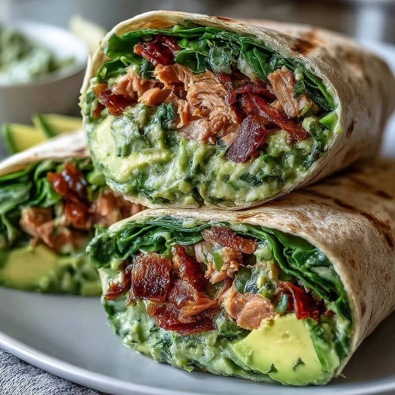 High-protein avocado tuna wraps with fresh spinach, offering a delicious, nutritious option for busy days.