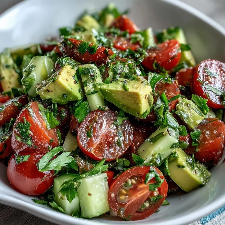 Fresh Cucumber Tomato Avocado Salad with Lemon Dressing, featuring juicy tomatoes, creamy avocado, and crisp cucumber slices in a bright, healthy side dish.
