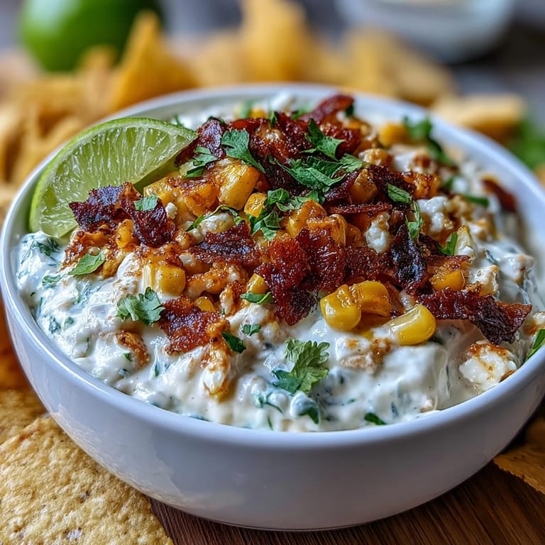 Warm Elote Dip with cotija cheese, fresh cilantro, and tortilla chips, a crowd-pleasing appetizer for any gathering.
