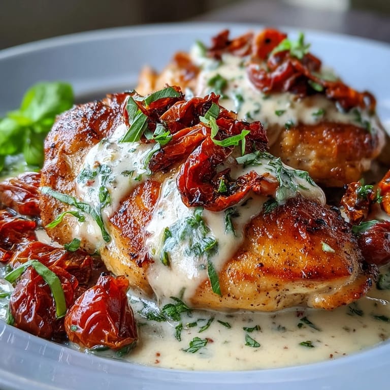 Creamy Tuscan Chicken with Sun-Dried Tomatoes in a rich Parmesan sauce with spinach and herbs
