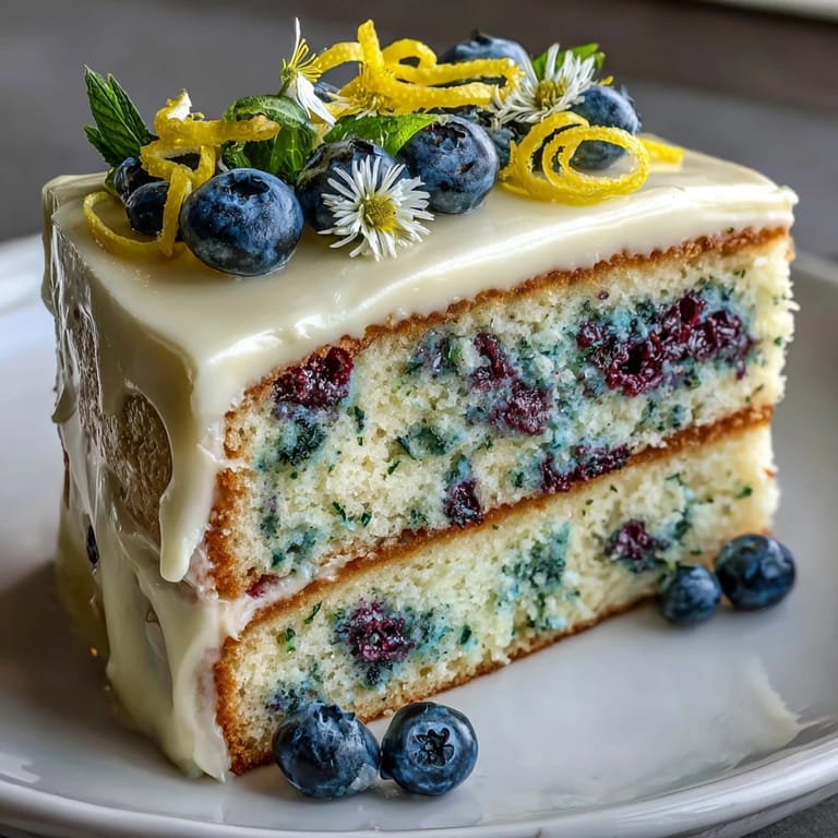 Bright spring birthday cake featuring tangy lemon layers and juicy blueberries, frosted with lemon cream cheese icing.