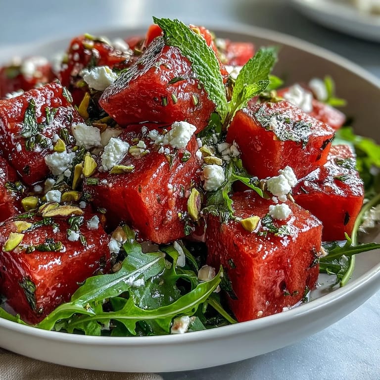 Colorful watermelon and arugula salad topped with fresh mint and crunchy pistachios, served in a white bowl.  
