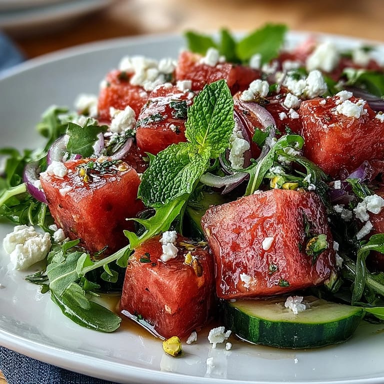 Juicy watermelon and peppery arugula salad with crumbled feta and a tangy lime vinaigrette, ideal for healthy dining.