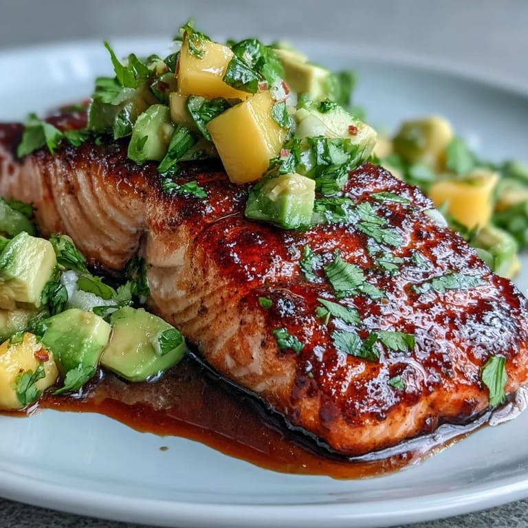 Oven-baked salmon with vibrant mango avocado salsa, a flavorful and colorful seafood dish perfect for summer.