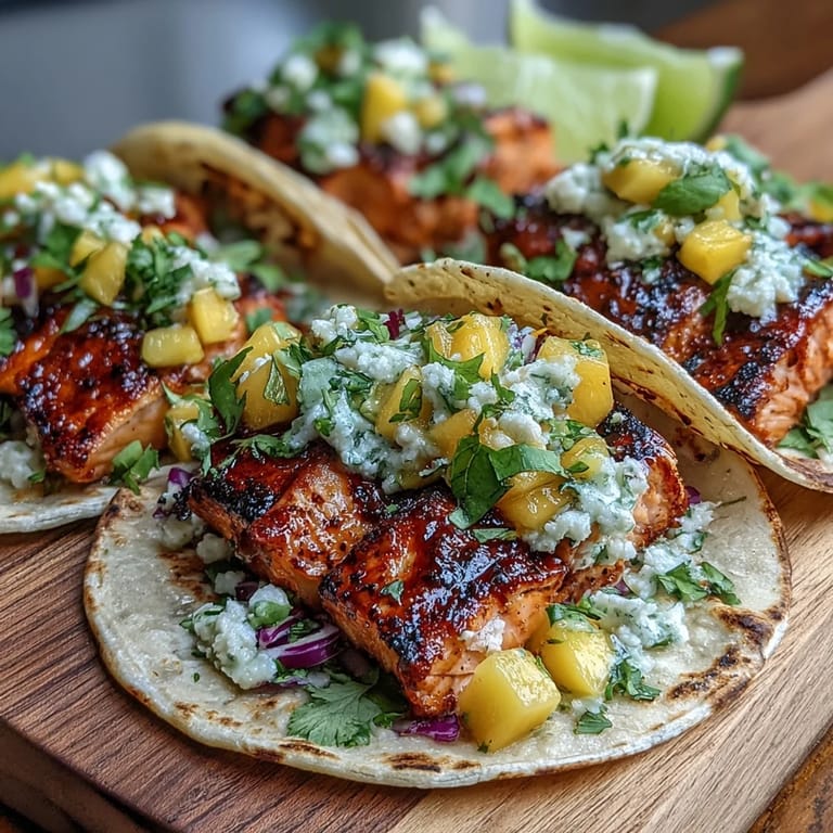 Savory grilled salmon tacos served with a sweet and spicy mango salsa for summer.