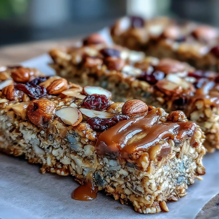 Wholesome oat and seed granola bars drizzled with honey, packed with dried fruit and mini chocolate chips, perfect for nut-free lunchboxes or beach picnics.