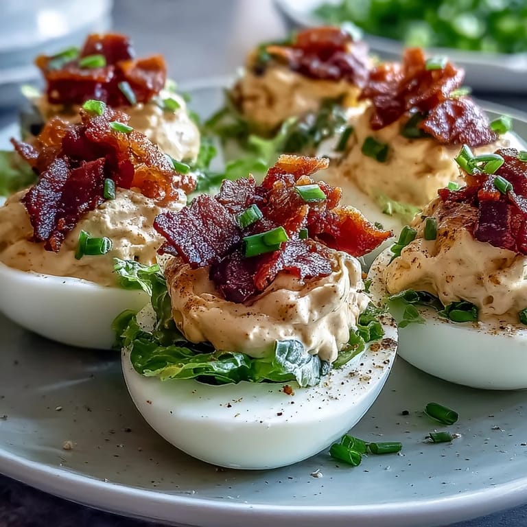 Creamy BLT Deviled Eggs with Crispy Bacon Crumbles, featuring tangy yolk filling, fresh lettuce, and juicy tomatoes, perfect for parties or brunch spreads.
