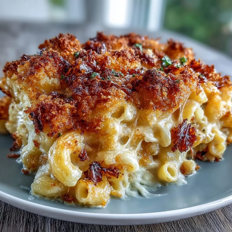 Comforting homemade mac and cheese with a creamy sauce and crispy Parmesan-panko crust, served as a festive side dish.
