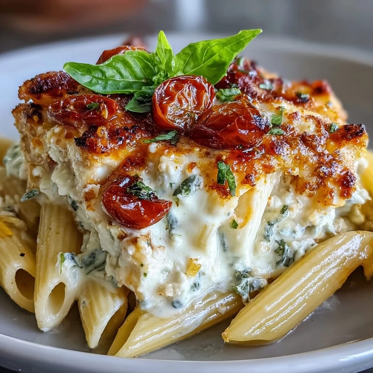 Roasted feta cheese melts into a luscious sauce with bursting cherry tomatoes and fresh basil in this Mediterranean pasta dish.  