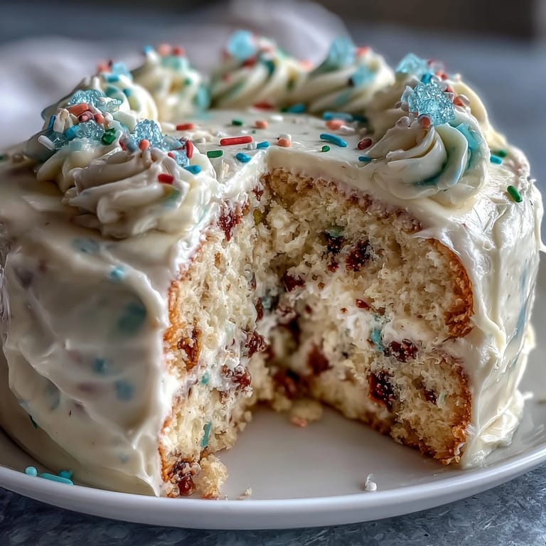 Colorful funfetti cake with creamy dip filling and bright sprinkles, perfect for birthday parties and spring gatherings.