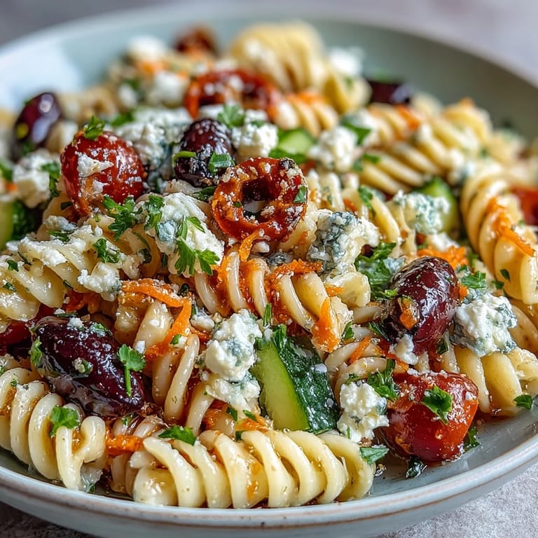 Vibrant pasta salad featuring cherry tomatoes, cucumber, bell pepper, and olives in a tangy Italian dressing, perfect for summer cookouts.  
