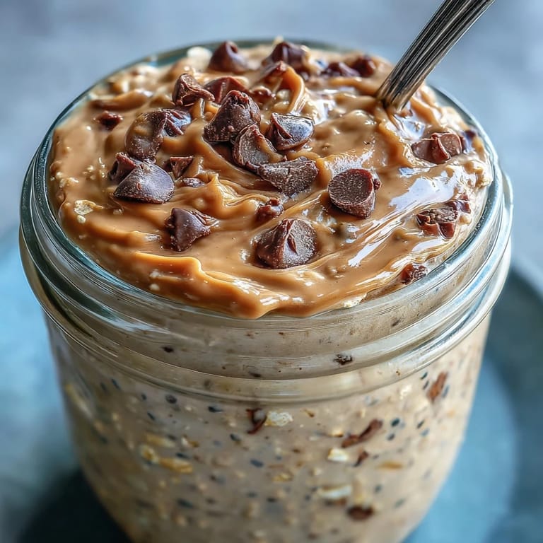 Indulgent chocolate chip cookie dough overnight oats, perfect grab-and-go breakfast.