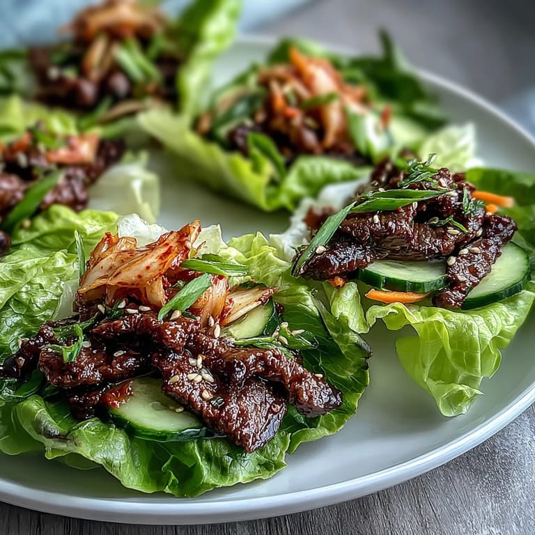 Vibrant Korean BBQ beef and kimchi in fresh lettuce cups, ready to enjoy.