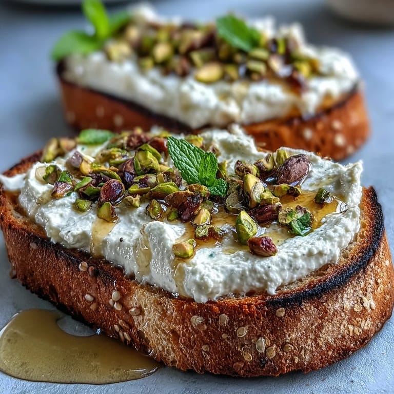 Whipped ricotta toast with honey and pistachios, a delightful breakfast masterpiece.