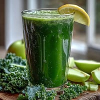 Vibrant cabbage and kale detox juice, brightly green and bursting with refreshing citrus notes.