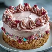 Freshly sliced Candy Hearts Fake Cake shows a creamy, pink-tinted cheesecake layer on a graham cracker crust, topped with conversation hearts.