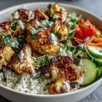 Golden, herb-roasted cauliflower bowls with fluffy basmati rice, fresh veggies, and a creamy drizzle of tahini sauce.
