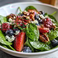 Fresh baby spinach, mixed berries, and creamy goat cheese tossed in a tangy vinaigrette in a white bowl. Perfect for a light lunch.