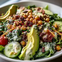 Vibrant Mixed Greens Power Bowl topped with chickpeas, sliced avocado, and toasted walnuts for a wholesome vegan lunch.