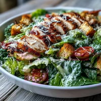 Freshly chopped romaine lettuce in a Romaine Caesar Bowl topped with golden croutons and creamy dressing.