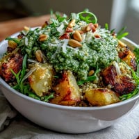 Hearty Arugula Pesto Bowl with fluffy quinoa and roasted cherry tomatoes, served fresh.