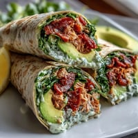 Fresh avocado and tuna wraps with baby spinach, perfect for a quick, healthy lunch or light dinner.