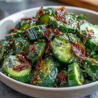 Crunchy smashed cucumbers tossed with spicy garlic chili oil and fresh scallions in a tangy Asian-inspired dressing.