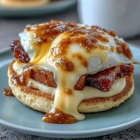 Fluffy poached eggs and Canadian bacon atop toasted English muffins, drizzled with rich, buttery hollandaise sauce for a classic brunch delight.