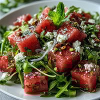 Vibrant watermelon and arugula salad with creamy feta and zesty lime dressing, perfect for a refreshing summer meal.  