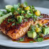 Baked salmon with mango avocado salsa, tender fish topped with zesty tropical fruit and creamy avocado.