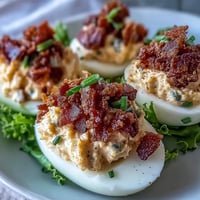 BLT Deviled Eggs with Crispy Bacon Crumbles on a white platter, garnished with shredded lettuce, diced tomatoes, and golden bacon bits for a classic appetizer twist.