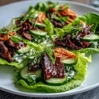 Tender Korean BBQ beef nestled in crisp lettuce, topped with spicy kimchi.